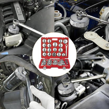 Auto Oil Filter Socket Wrench Set, Cup Type 1/2 inch Drive Cap Removal Tool, with Drain Plug Socket Set/Adjustable/Drive, Compatible, all Models Car, SUV, Oil Filter (58, RED)