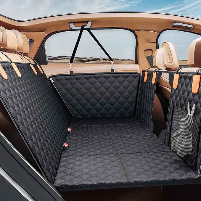 PETICON Back Seat Extender for Dogs, Hard Bottom Dog Car Seat Cover - Supports 400lbs, Rear Seat Pet Cover with Mesh Window, Waterproof Dog Hammock for Car SUV and Trucks