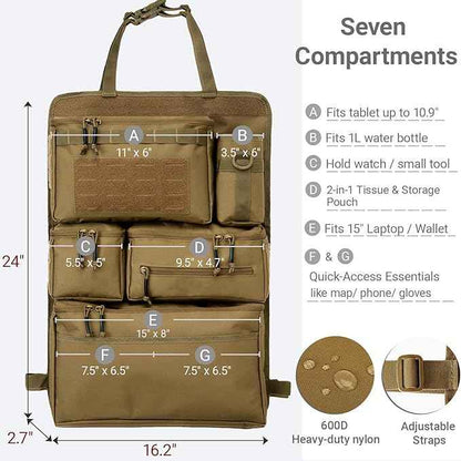 Tactical Seat Back Organizer Heavy Duty MOLLE Panel Organizer with Multiple Pockets & Hook Loop Panel for EDC Gear, Road Trip Essentials, Universal Fit for Car SUV Truck Jeep (Mud)