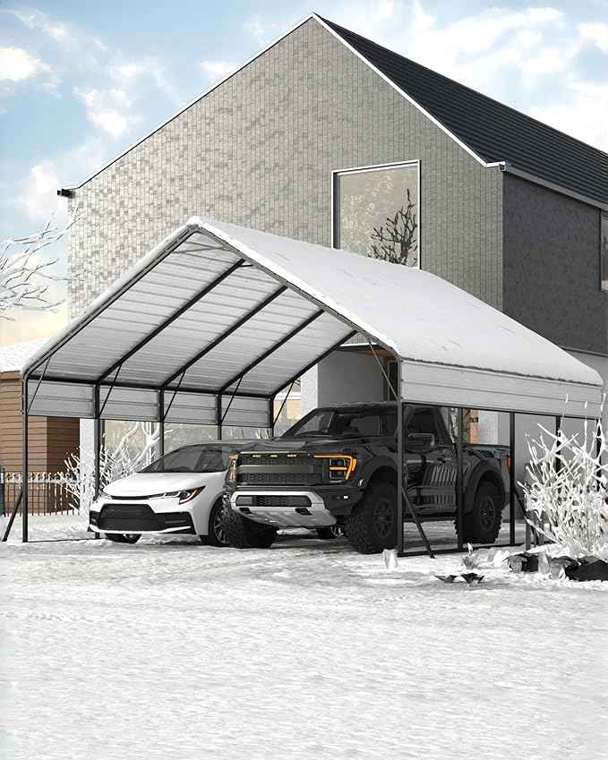 Garveelife 20 ft x20 ft x13 ft Metal Carport for 2 Cars, Heavy Duty Steel Frame for All Weather, Permanent Shelter for Boats, Full-Sized Pickup Trucks, and Tractors, N.W. 800 LBS