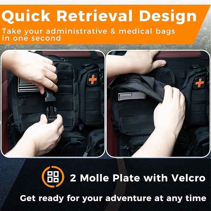 Tactical Seat Back Organizer, Molle Car Seat Organizer Panel with 5 Detachable Molle Pouch for Car Truck Ford Jeep Vehicle, Military Grade Storage Panel Backseat Protector for Man, Black
