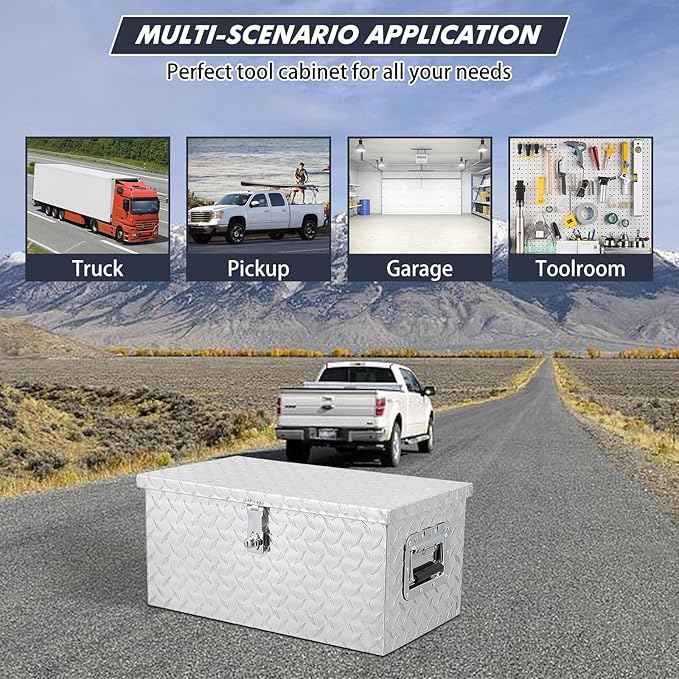 20 Inch Heavy Duty Aluminum Diamond Plate Tool Box Pick Up Truck Bed RV Trailer Toolbox Waterproof Square Storage Organizer with Side Handle, Lock and Keys -20"x 12"x 10", Silver