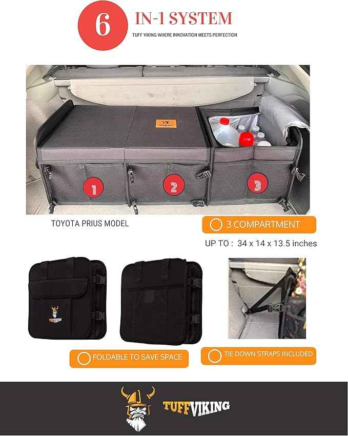 Tuff Viking Convertible Large 3 Compartment SUV Trunk Organizer with Cover | Truck Bed Organizer | for Trucks, Cars, SUVs and Groceries with Tie Down Straps. (6 in 1 with Cover, Black)