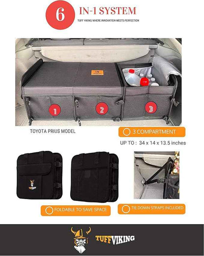 Tuff Viking Convertible Large 3 Compartment SUV Trunk Organizer with Cover | Truck Bed Organizer | for Trucks, Cars, SUVs and Groceries with Tie Down Straps. (6 in 1 with Cover, Black)