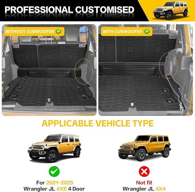 Cargo Mats with Door Sill Guards for 2021-2025 Jeep Wrangler JL Unlimited 4XE Accessories All Weather Rear Seat Back Cover Trunk Liner Door Sill Protector for JL JLU 4XE 4 Door(Not for 4X4)