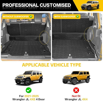 Cargo Mats with Door Sill Guards for 2021-2025 Jeep Wrangler JL Unlimited 4XE Accessories All Weather Rear Seat Back Cover Trunk Liner Door Sill Protector for JL JLU 4XE 4 Door(Not for 4X4)