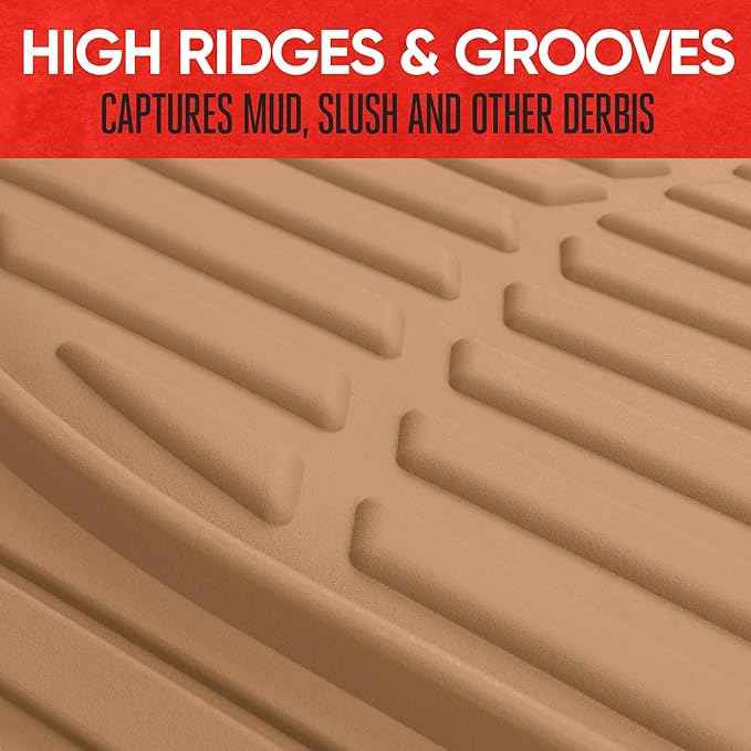 BDK Beige Heavy Duty Front & Rear Rubber Floor Mats Universal Liners for Car SUV Van & Truck, All Weather Protection with Anti-Slip Nibs, Fit Contours of Most Vehicles