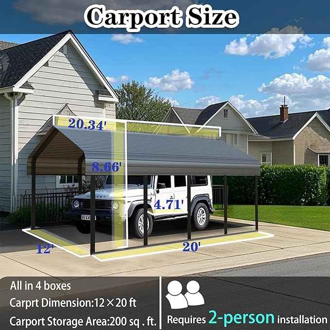 Heavy Duty Metal Carport 12x20 ft Galvanized Steel Carport Shelter for Car Extra Large Canopy for Dual Vehicle, RV Boat Storage All Weather Protection Garage Party Tent (12x20 FT)