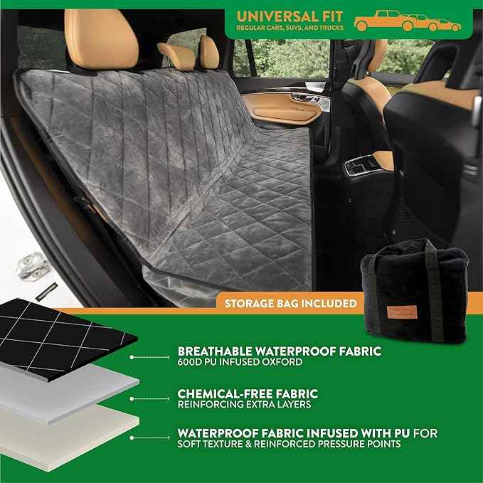 Plush Paws Products Velvet Rear Car Seat Protector w/Hammock | Washable & Waterproof Back Seat Dog Cover for Car, Truck, & SUV | Nonslip, Tear Resistant Pet Seat Cover | X-Large London Grey