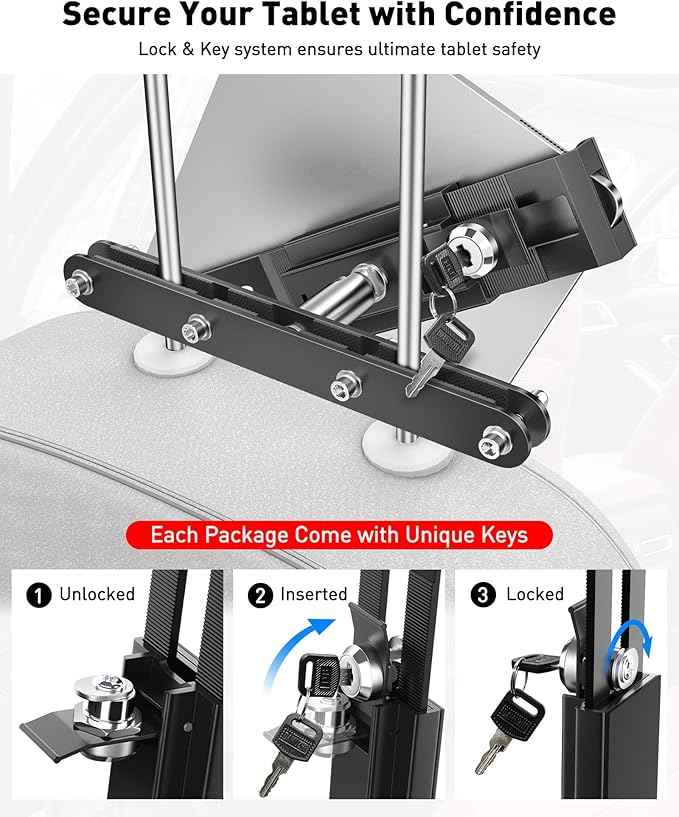 AboveTEK Tablet Holder for Car Headrest- Anti-Theft iPad Car Holder Back Seat, Secure Locking System with 360° Swivel, Universal for 4-11" Tablets, Durable Aluminum Mount for Travel & Business, Black