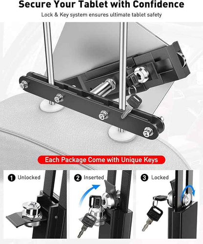 AboveTEK Tablet Holder for Car Headrest- Anti-Theft iPad Car Holder Back Seat, Secure Locking System with 360° Swivel, Universal for 4-11" Tablets, Durable Aluminum Mount for Travel & Business, Black