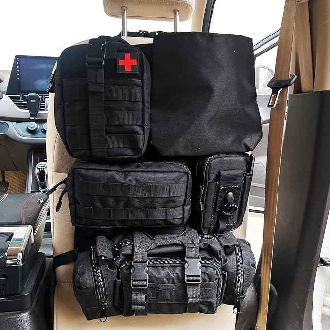 7 PACK Tactical Seat back organizer Truck organizer With 6 Detachable Pouches Universal For Car Truck Ford Jeep Military-Grade Heavier Panels With Multi-functional Packs (8 Pack Black)