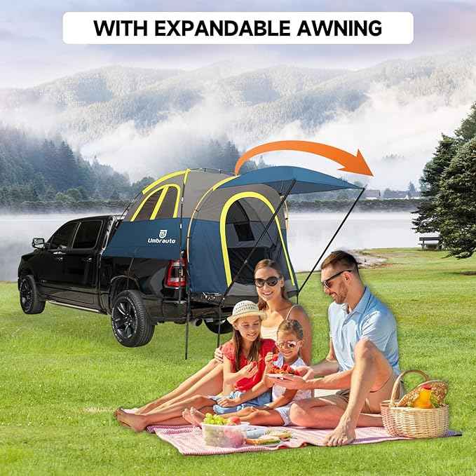 Umbrauto Truck Bed Tent with Awning: 5.5'-5.8' PU3000mm Waterproof Pickup Truck Tents, Easy Set-up for 2 Person, Fits Full Size Short Bed, Chevy, Dodge, Ford, GMC, Blue