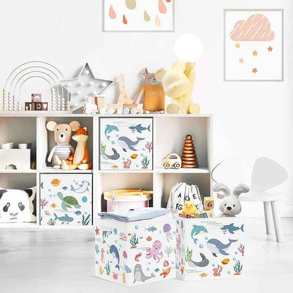 Clastyle Ocean Animals Storage Cube Organizer Set Handle Closet Clothes Cube with Metal Frame Foldable Parents Organizer Storage Basket for Book Toy,White,11.8x11.8x11.8 in