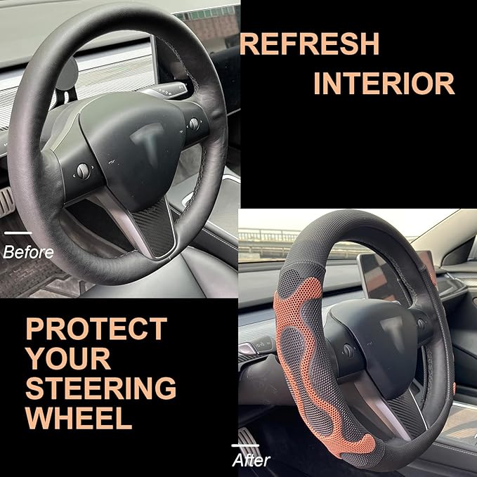 PINCTROT Comfy Grip Steering Wheel Cover for Tesla Model Y/3 2016-2025 2026 Standard/Highland/Juniper, D Shaped 14 Inch Small Sized, Flat Bottom with 3D Honeycomb Anti-Slip Design (Comfy Grip Brown)