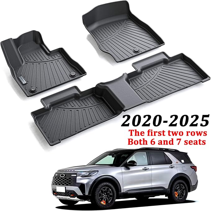 2 Rows Floor Mats for 2020-2024 2025 Ford Explorer Passenger Models,TPE All Weather Protection Car Floor Liners Accessories | Front & Second Row, 3-Pc