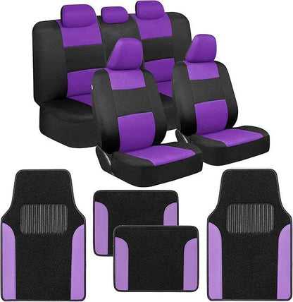 BDK PolyPro Purple Car Seat Covers Full Set with 4-Piece Car Floor Mats - Two-Tone Fits Most Seat Covers for Cars with Carpet Floor Mats, Seat Protector Interior Accessories for Auto Truck SUV