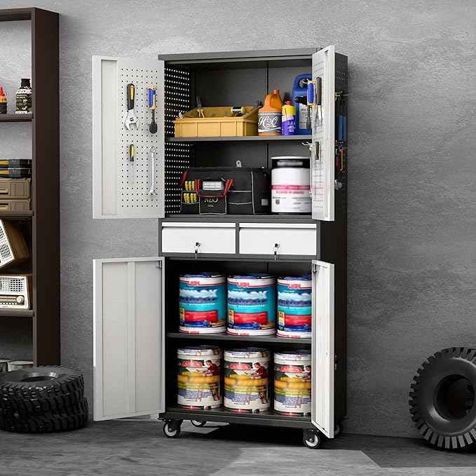 Aobabo Garage Storage Cabinet with 2 Drawers, Metal Storage Cabinet with Wheels for Garage Home,Assembly Required,Black&Silver