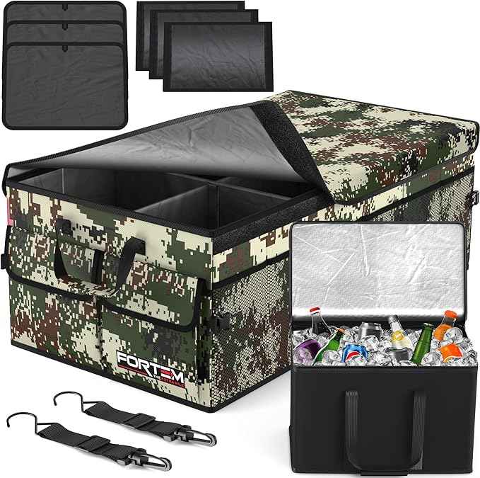 FORTEM Trunk Organizer with Cooler For SUV Car Trunk, Foldable Storage, Car Accessories for Women Men, Collapsible Bag, Perfect Christmas Gifts, 600D Oxford, Non Slip Bottom, Straps, Soft Cover (105L)