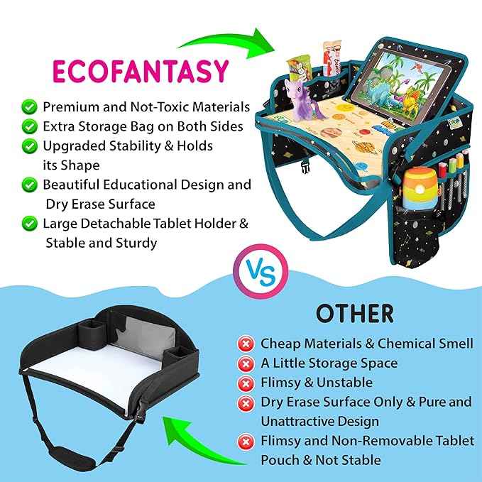 Car Seat Tray for Toddler - Waterproof Carseat Table Top - Kids Travel Tray - Travel and Road Trip Essentials Kids - Lap Desk with Storage -Baby Airplane Travel Accessories (Black)