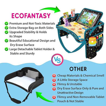 Car Seat Tray for Toddler - Waterproof Carseat Table Top - Kids Travel Tray - Travel and Road Trip Essentials Kids - Lap Desk with Storage -Baby Airplane Travel Accessories (Black)