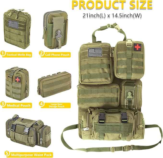 Universal Tactical Car Seat Back Organizer Bag Tactical Molle Vehicle Organizers Panel Vehicle Protector Organizers with 5 Detachable Pouches for Car Truck Ford Jeep (Army green)