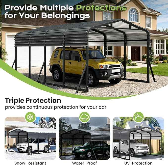 12x20FT Heavy Duty Metal Carport, Outdoor Portable Car Garage w/Reinforced Support Rods & Windproof Ground Anchors, All-Season Versatile Outdoor Shelter for Car Boats Truck