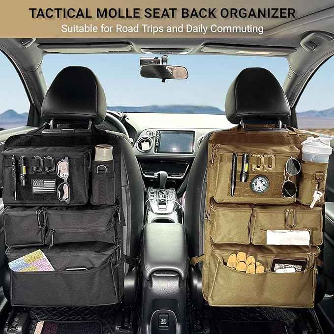 Tactical Seat Back Organizer Heavy Duty MOLLE Panel Organizer with Multiple Pockets & Hook Loop Panel for EDC Gear, Road Trip Essentials, Universal Fit for Car SUV Truck Jeep (Mud)