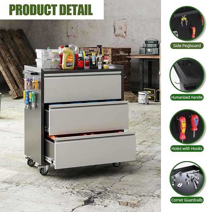 Aobabo Garage Storage Cabinet with 3 Drawers and 4 Hooks,Metal Storage Cabinet with Wheels for Garage Home,Required Assembly,Black&Silver,18.11" D x 30.3" W x 35.4" H