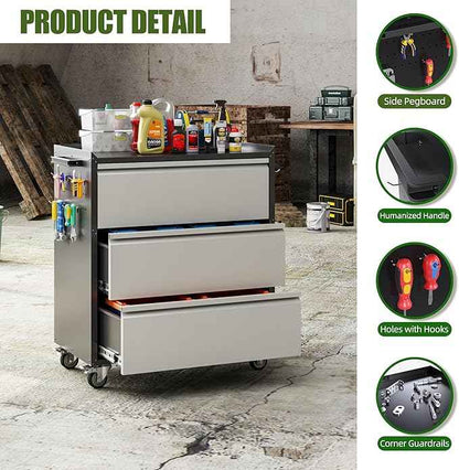 Aobabo Garage Storage Cabinet with 3 Drawers and 4 Hooks,Metal Storage Cabinet with Wheels for Garage Home,Required Assembly,Black&Silver,18.11" D x 30.3" W x 35.4" H