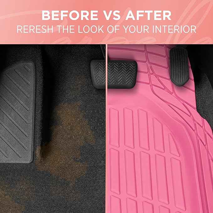CARBELLA Rubber 4-Piece Pink Car Floor Mats - Universal Trim To Fit All Weather Champagne Pink Car Accessories - Girl Car Accessories for Women & Cute Car Mats for Women, Girly Car Decor, Truck, & SUV