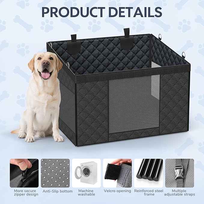 Large PU Dog Car Seat - Waterproof Dog Back Seat Cover with 3 Mesh Windows - Hard Bottom Extender, Safety Belt, Non-Slip Hammock for SUV, Truck, Car