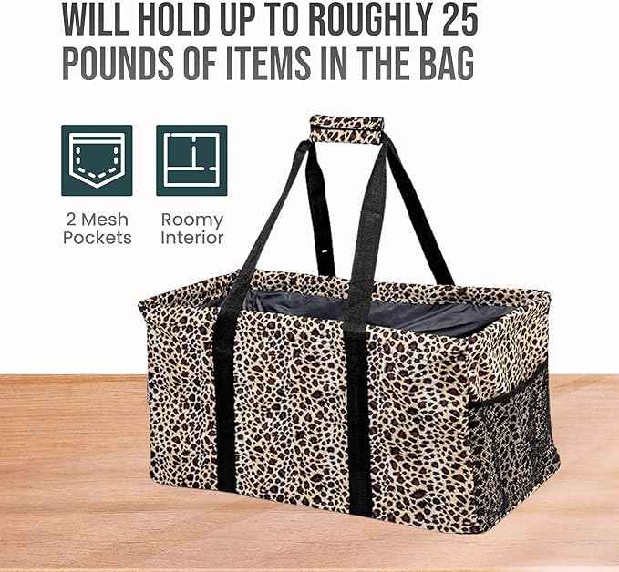Extra Large Utility Tote Bag - Oversized Collapsible Reusable Wire Frame Rectangular Canvas Basket With Two Exterior Pockets For Beach, Pool, Laundry, Car Trunk, Storage - Leopard