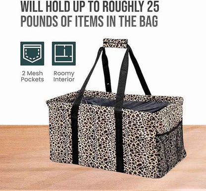 Extra Large Utility Tote Bag - Oversized Collapsible Reusable Wire Frame Rectangular Canvas Basket With Two Exterior Pockets For Beach, Pool, Laundry, Car Trunk, Storage - Leopard
