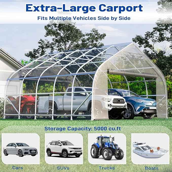 EROMMY 20x20 FT Heavy Duty Durable Carport, Silver Gray, Galvanized Steel Frame Garage Shelter and Outdoor Storage, Waterproof 3-Layer PE Cover, Fits 2 Cars, Boat, Farm Equipment