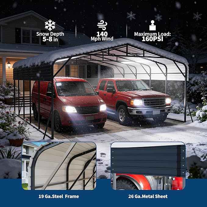 20x25FT Metal Carport w/Led Light,Outdoor Portable Car Garage for Multiple Vehicles,Reinforced Base & Galvanized Steel Roof, Outdoor Car Port Canopy Shelter for Boats, Full-Sized Pickup Trucks