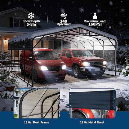 20x25FT Metal Carport w/Led Light,Outdoor Portable Car Garage for Multiple Vehicles,Reinforced Base & Galvanized Steel Roof, Outdoor Car Port Canopy Shelter for Boats, Full-Sized Pickup Trucks