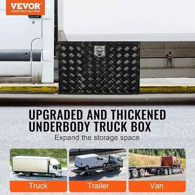 VEVOR Underbody Truck Box, 48" x 24" x 24" Pickup Storage Box, Heavy Duty Aluminum Diamond Plate Tool Box with Lock and Keys, Waterproof Trailer Storage Box with T-Handle Latch for Truck, Van, Trailer
