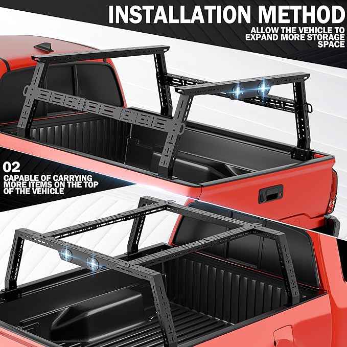 Adjustable 16-24.8" High Truck Bed Racks with 2 Led Light Compatible for Tacoma/Silverado/Sierra/Ram/Tundra/Titan/Frontier/Canyon/Gladiator JT/Ford F-Series, Ladder Cargo Rack