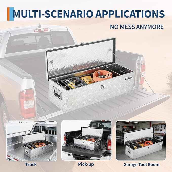 Garvee 39 Inch Aluminum Truck Bed Tool Box - Heavy Duty Diamond Plate Tool Chest with Lock and Keys | Storage Organizer for Pickup Trucks, RV, Trailers | Side Handles, 39 x 13 x 10 Inches, Silver