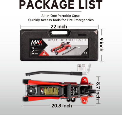 2-Ton (4400 lbs) Hydraulic Low Profile Trolley Garage Service/Floor Jack with Blow Mold Carrying Storage Case and Universal Tire Tool Kit with Lug Wrench for Home and Workshop Vehicle Maintenance