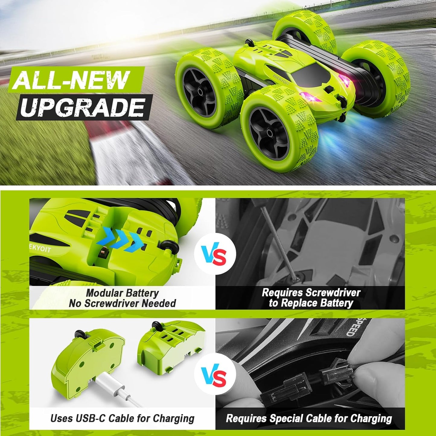 Remote Control Car for Kids Ages 6+, RC Cars Stunt Car Toy 4WD Double Sided 360° Rotating Remote Control with Headlights, Birthday Xmas Gifts for Boys 6 7 8 9 10 11 12 Green - AutoBay