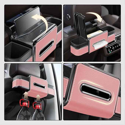 Multifunctional Car Seat Back Organizer Box with Drink Cup Holder, Makeup Mirror, Tissue Box& Hooks for Car Seat Back, New Upgrade Car Headrest Backseat Organizer Suitability for Wife, Girlfriend