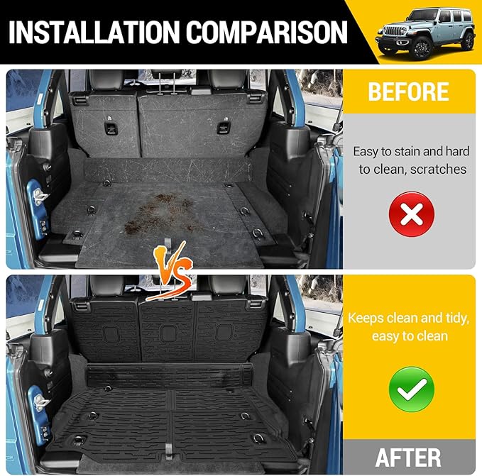 Cargo Mats with Net for 2021-2025 Jeep Wrangler JL Unlimited 4XE Accessories All Weather Protection Rear Seat Back Cover Trunk Liner Cargo Net for 21-25 JL JLU 4XE 4 Door(Not for 4X4)