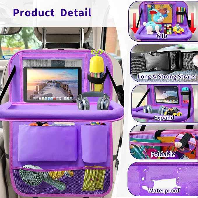 Car Backseat Organizer with Tray, Seat Back Table Holder with 6 Storage Pockets, Car Seat Back Protectors Kick Mats Travel Accessories, 1 Pc Purple