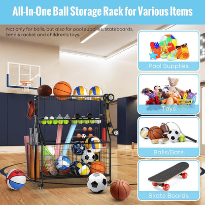 WUC Sports Equipment Organizer - Garage Ball Storage Rack with Basket, Hooks and Rolling Cart for Toy Sports Gear Storage, Black