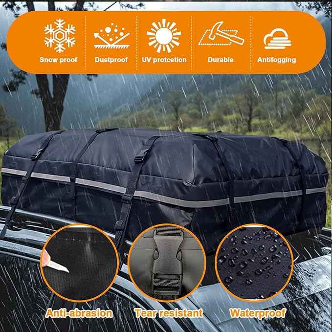Car Roof Bag, 20 Cubic Feet Rooftop Cargo Carrier, 600D Waterproof Car Top Luggage Storage Bag for All Vehicles SUV with/Without Rack, Include Anti-Slip Mat, 8 Reinforced Straps, 6 Door Hooks