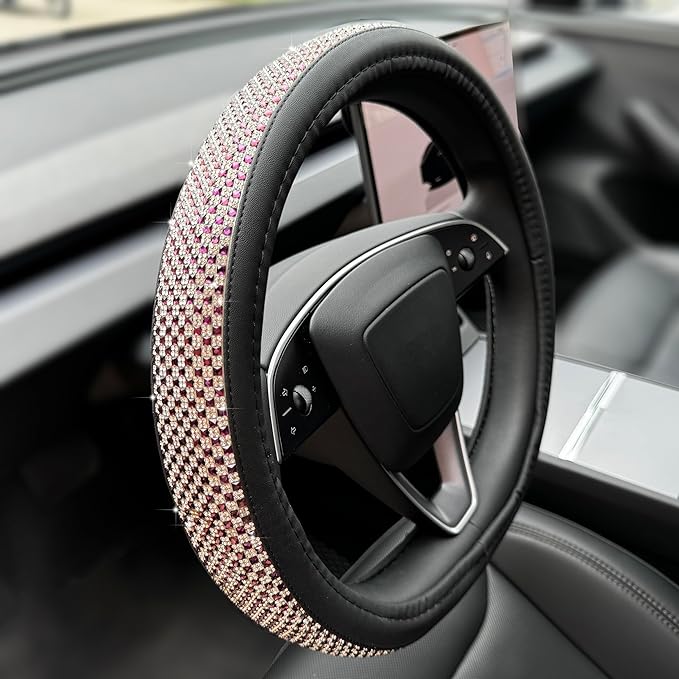 PINCTROT Bling Comfy Steering Wheel Cover for Tesla Model Y/3 Highland/Juniper, D Shaped 14 Inch Small Sized with Jumbo Crystal Rhinestones, Flat Bottom with Anti-Slip Diamond Leather (Purple)