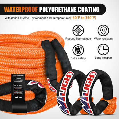 Nilight Kinetic Recovery Tow Rope Kit with 2 Soft Shackle 1" x 30ft Heavy Duty Offroad Tow Rope Snatch Strap Towing Strap kit (33,000LBS) for UTV ATV SUV Truck Car Jeep Tractor