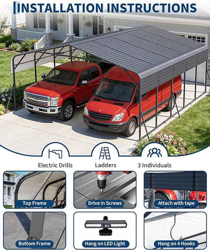 20x25FT Metal Carport Heavy-Duty Build with LED Light & Galvanized Steel Roof, Reinforced Stable Structure.,Spacious Versatile Shelter for Cars, Boats, and Events